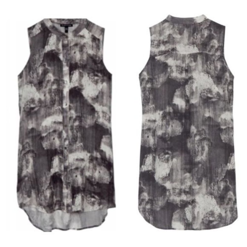 EILEEN FISHER 100% Silk Abstract Print Longline Button Down Sleeveless Blouse XS